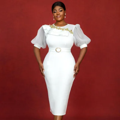 AOMEI 2025 Gold Lace Appliques Career DressesPuff Half Sleeve White Summer Office Dress for Lady With Belt