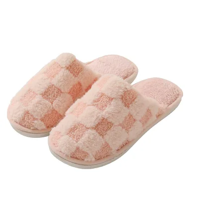 Autumn & Winter New Plush Checkerboard Home Slippers Couples Warm & Non slip Household Cotton Slippers