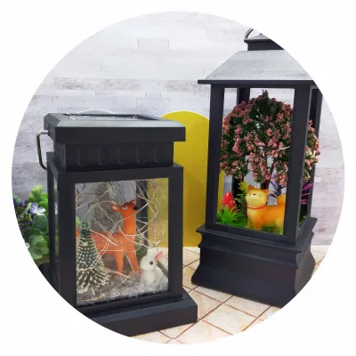 Cute Oriental LED Lantern Solar Panels DIY Home Decor Mini Tree Animal Doll Made Wood PVC Plastic Colorful Unisex Dollhouse