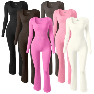 Women's High Stretch Ribbed Jumpsuit New Fabric Sexy U-Neck Long Sleeve Bodycon for Fitness High Quality Sports Bodysuit