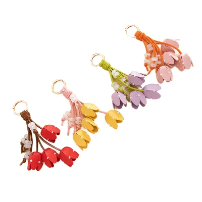 2026 Dainty PU Light Keychain with Stainless Steel Beaded Tulip Flower Charm Eco-Friendly Gift for Women