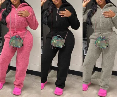 O6513-spring 2024 Fashion Fuzzy Two Piece Set for Women Hoodies and Joggers Set