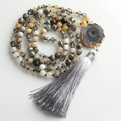 Fashion Women's Bohemian Jewelry Gift Natural Gemstone Crystal Glass Beads Tassels Necklace Sunflower Druzy Pendant Necklace