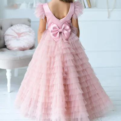 Long Luxury Little Child Ball Gown pink and White Color Cupcake Dress Flower Girl Dresses