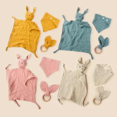 Muslin Soft Blanket Animal Toy Baby Comforter and Bibs Baby Lovey Security Blanket Set
