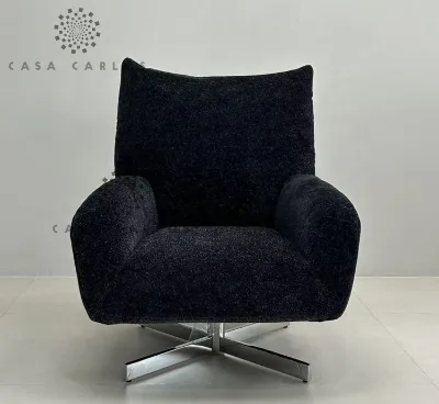 Small Round Swivel Black Velvet Contemporary Luxury Blue Fabric Armchair with Titanium Legs for Living Room