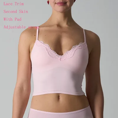 CNSHELL Anti-Shrink Anti-Pilling Quick Dry Lace Trim Second Skin with Adjustable Strap Vest Tank Top with Chest Pad