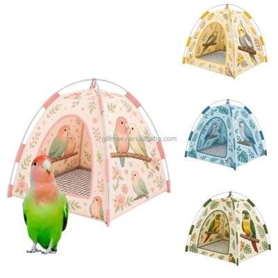 Decorative Printed Bird Tent with Metal Mesh Base Multi-Size Pet Parrot Sleeping Hut for Cage Indoor Resting Use