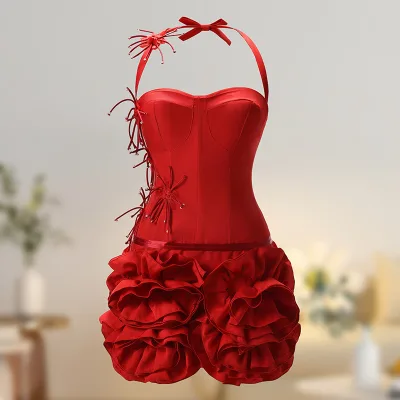 Birthday Socialite Heavy Three-Dimensional Rose Fishbone Cinched Waist Puffy Red Strapless Dress For Women