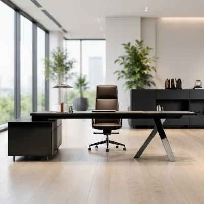 Modern Minimalist L-shaped Executive Office Desk Wood Storage Cabinet Eco-Friendly Shelving Geometric Panel for Office