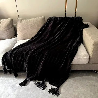 Cozy Plush Super Soft Microfiber Flannel Fleece Black Pompoms Blanket