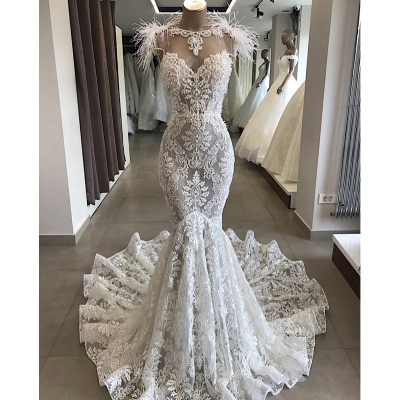 European Sexy Mermaid Lace Feather Pictures Wedding Dresses