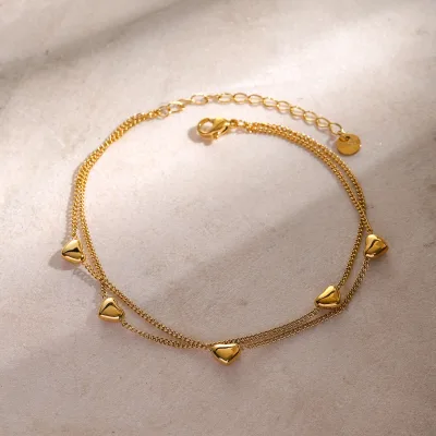 High Quality Classic Simple Stainless Steel Waterproof Double Layer Chain Heart Anklets