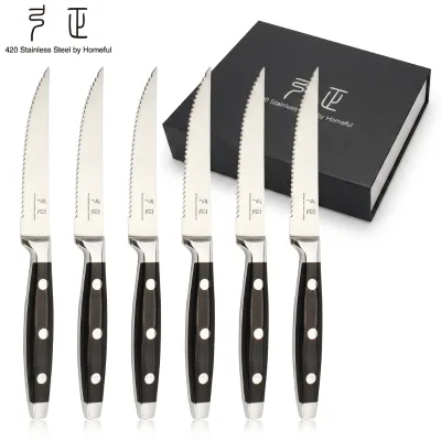 Hot Selling High Quality 420J2 Stainless Steel Rivets Serrated Steak Knife with Black ABS Handle