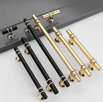 Modern European Style Long Black Gold Zinc T-Bar Furniture Cabinet Wardrobe Drawer Knobs and Handle for Dresser and Kitchen Use
