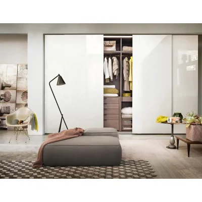 Sliding Door Floor-to-Ceiling Wardrobe Gloss/Matte White/Light Grey Finish Built-In Armoire with Customizable Hanging & Drawer
