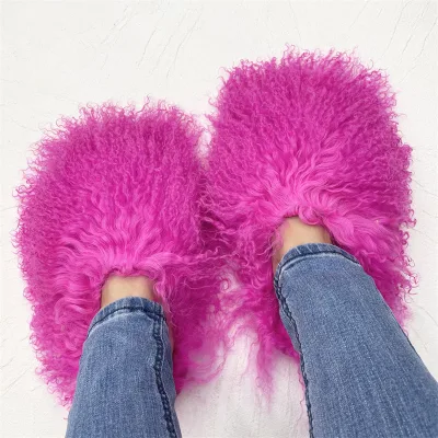 Womens Fur Slippers Plush Curly Fur Upper Cotton Lining PU Midsole Rubber Outsole Cozy Indoor Home Slides for All Season Wear