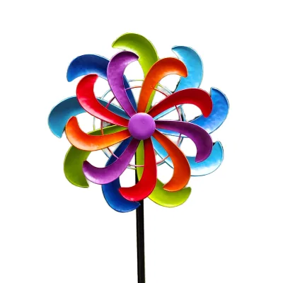 RSF Double Kinetic 304 Stainless Steel Brushed Finish Garden Ornaments Colorful Flower 35 Wind Spinner 38cm Diameter Easy