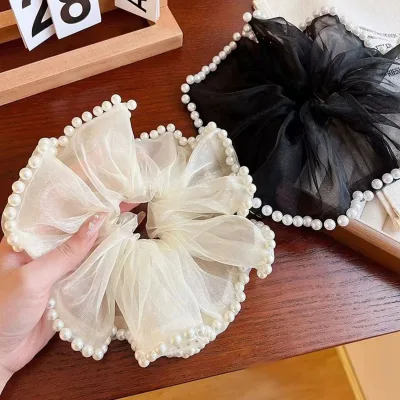Fancy Day New Arrivals Elegant Mesh Gauze Pearls Elastic Large Hair Scrunchies Lace Hair Ties Girls Woman Accessories