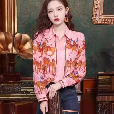 Boutique Wholesale 2026 Spring New Vintage Style Printed Spandex Long Sleeved Elegant Women's Shirts