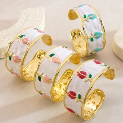 Fashion Tulip Flower Women Open Cuff Bangle Bracelet Colorful Women Enamel Flower Stainless Steel Gold Plated Bangle Bracelet