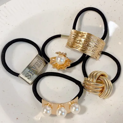 Genya Classic Fashion Pearl Gold Metal Accessories Elastic Hair Bands for Women Gifts High Stretch Rubber Hair Band