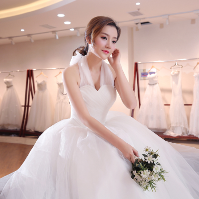 2018 Women Simple Halter Floor Length White Flat Shoulder Back Bowknot Wedding Bridal Dresses