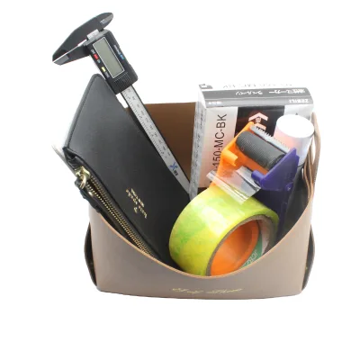 Brown PU Leather Foldable Desktop Storage Basket With Handle for Sundries Fruit Organizing