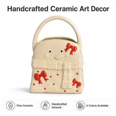 Wholesale Custom Handcrafted Ceramic Tote Bag Decor Snowman Face Figurine with Scarf Bow Christmas Home Tabletop