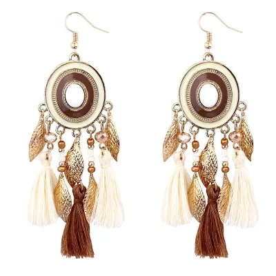 Boho Vintage Antique Gold Plated Feather Dangle Earrings Bohemian Cotton Fringe Tassel Earrings for Women