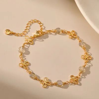 Gold Brass Beaded Chain Fashion Dainty Flower Anklet for Women Hollowed Out Flower Crystal Beaded  Anklet Chain