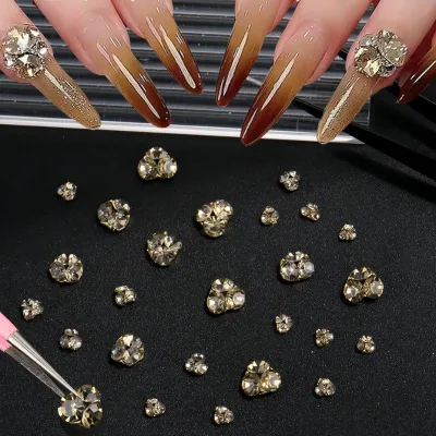 Cross-Border Nail Decorations Bagged 3D Champagne Gold Resin Rhinestones Flower Design Mixed Pack Nail Accessories