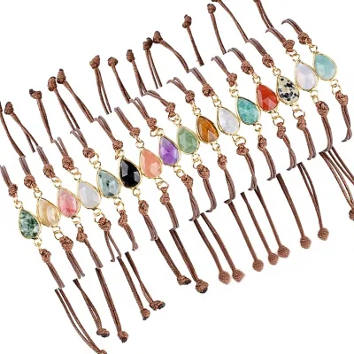 Hot Sales Natural Rose Quartz Face Water Drop Bracelet Healing Stone Adjustable Wrist Cord Edging Faceted for DIY Gift
