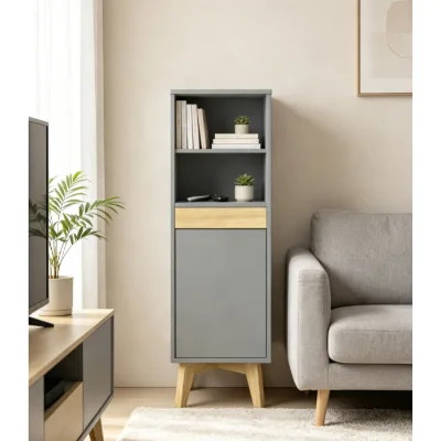 Nordic Grey Linen Cabinet, Tall Storage Unit with Legs & Open Compartment