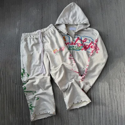Custom High Quality Heavy Weight Sweatpants DTG Print With Rhinestones Hoodie Set Men