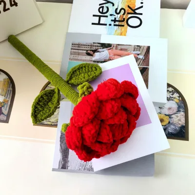 Crochet Rose Handmade Soft Wool PP Cotton Filled Plush Flower Plants for Valentine's Day Present