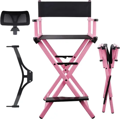 Foldable Makeup Artist Stool Chair, Aluminum Makeup Chair with Head Rest for Studio Salon Vanity, Bar Height - Black Chair
