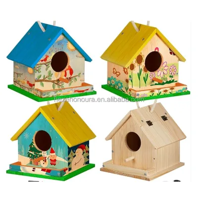 Wholesale Unfinished Pine Wood Birdhouse Outdoor Small Birdhouse Nest Box with Polished Technique Hanging Wooden Crate Birdhouse