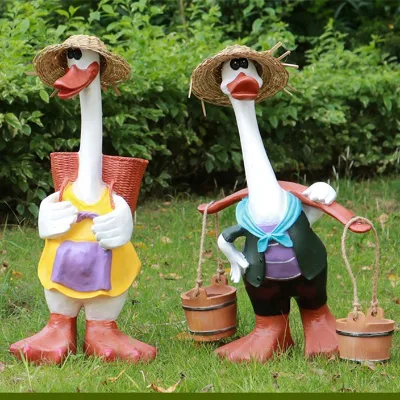 28.35\" Funny Animal Sculpture Garden Ornament Elegant Duck Statue with Flower Pot Fiberglass Material Big Garden Statue