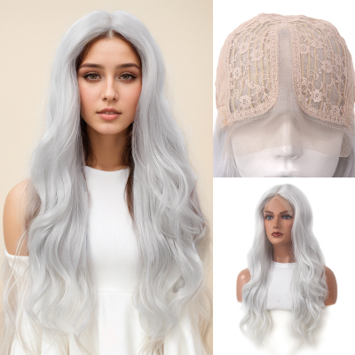 Cross-border front lace wig big wave full head hairstyle women's silver gray small forehead lace chemical fiber wig