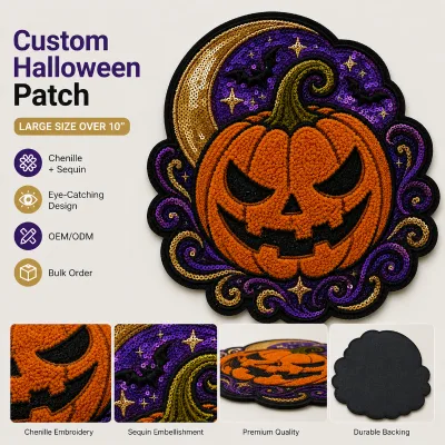 Wholesale Custom Embroidered Halloween Chenille Sequin Pumpkin Patch Set for Jackets Totes Hats Seasonal Event Gift Bulk