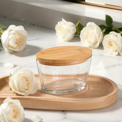 Wholesale Luxury Woodwick Oval 770ml Clear Boat Shape Eco-Friendly Recyclable Home Decoration Candle Jars with Wooden Lids
