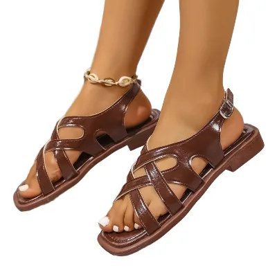 Retro Woven Fashionable Open Toed Platform Low Heel Square Toe Beach Roman YX Women's Sandals for Summer 2025 New