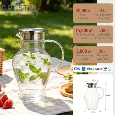 CRYSTAL High Borosilicate Glass Water Pitcher with Stainless Steel Lid Filter, Large Capacity Glass Cold Brew Tea Jug for Home