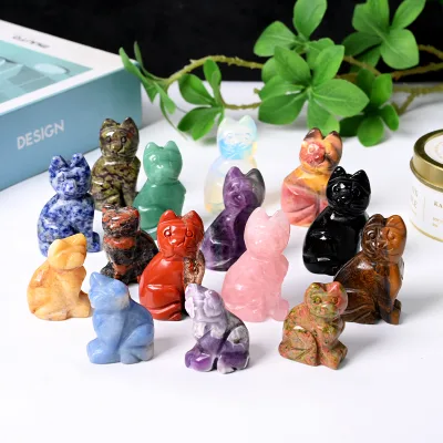 Natural Gemstone Cat Statues Carved Rose Quartz and Amethyst Crystal Other Crystal Crafts