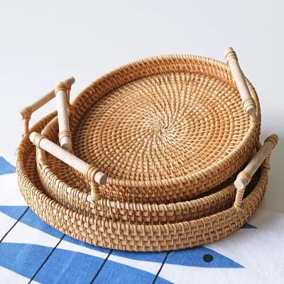 Hot Selling 3pcs Set  Natural Rattan Handwoven With Handle  Food Fruit Snack Cake Candy Drink Serving Tray  Storage Basket