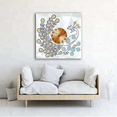 Peacock Digital Single Face Clock Wall Art DIY Rhinestone Embroidery Cross Stitch Diamond Painting by Number Kit