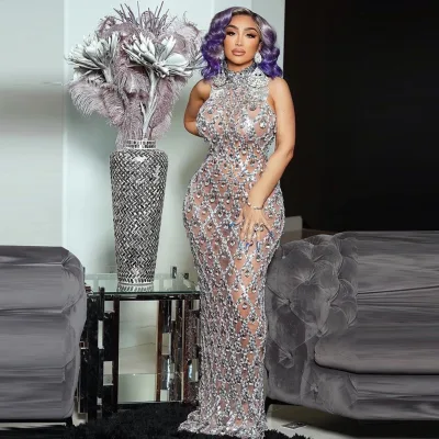 Hot Selling Summer Elegant Evening Party Dress Plus Size Women European American Shiny Rhinestone Foreign Trade Long