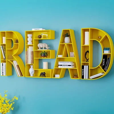 Creative Iron Lettering Children'S Bookshelves Floor-To-Ceiling Shelving on School Walls English Bookcases Hanging on Walls