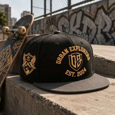 Unisex Urban Explorer Gold Embroidered Flat Brim Snapback Cap Vintage Streetwear Cotton Baseball Hat